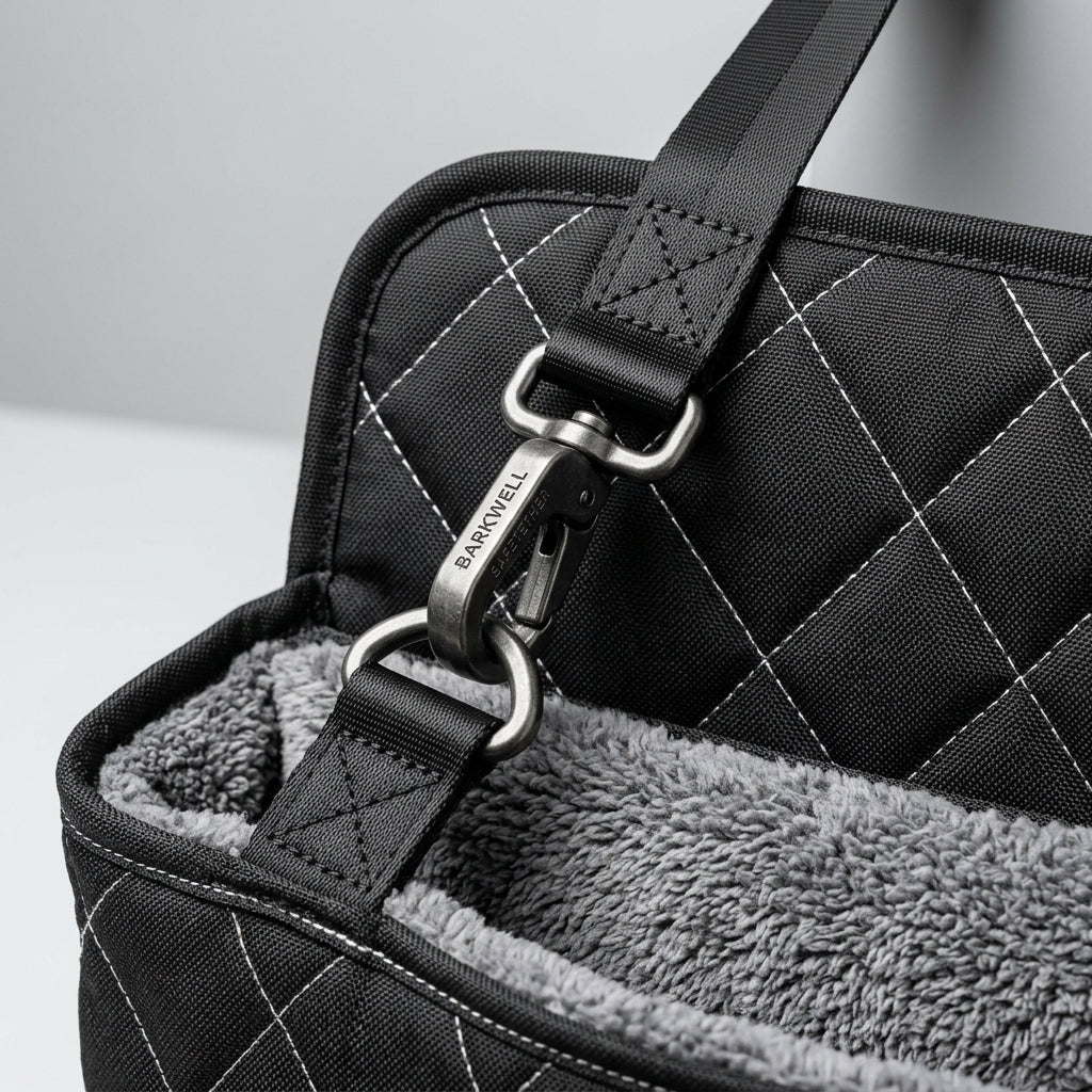 FEINKRAM Hunde-Autositz - Sicherheitsgurt-Karabiner & Steppung Detail